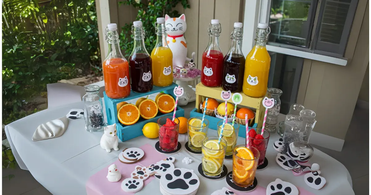 Fun and Creative Cat-Themed Drinks for Cat Lovers 5 A vibrant DIY drink station with colorful juices, cat-themed stirrers, paw-print coasters, and fresh fruit garnishes, decorated with playful cat accessories.