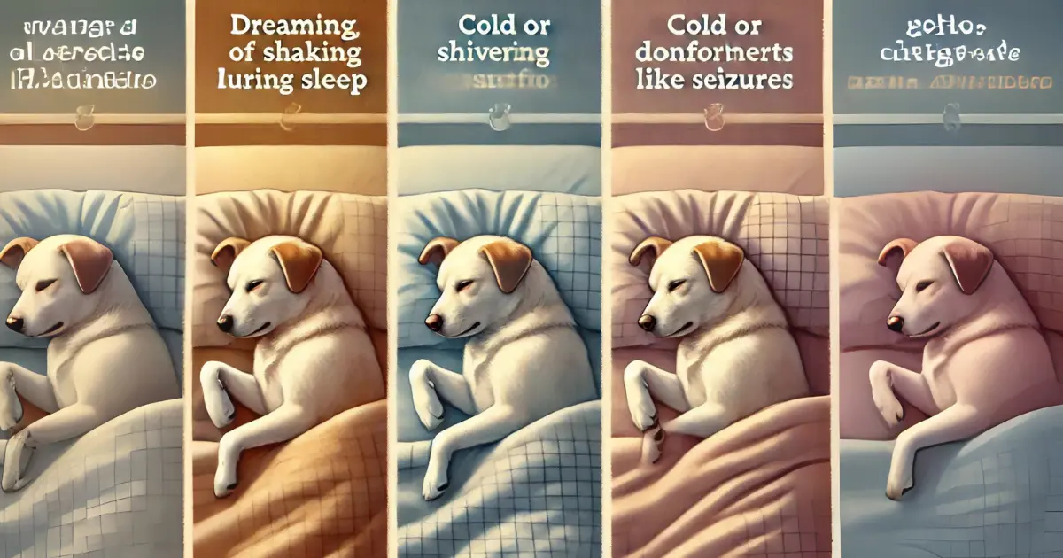 Why Dogs Shake in Sleep: Causes and How to Help 2 Illustration of a sleeping dog with labeled causes of shaking, including dreaming, cold, discomfort, and health concerns like seizures."