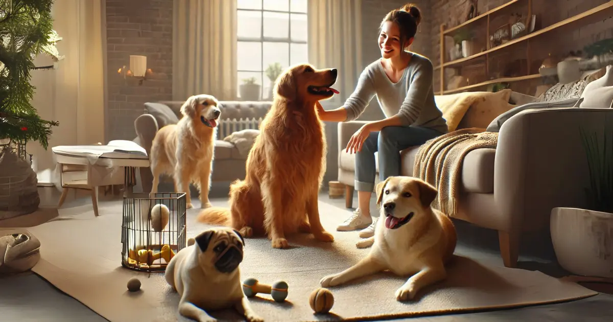 Guard Dogs vs Companion Dogs: Which One’s Right for You? 2 Friendly dogs, including a Golden Retriever and a Pug, relaxing with a person in a warm and inviting living room.