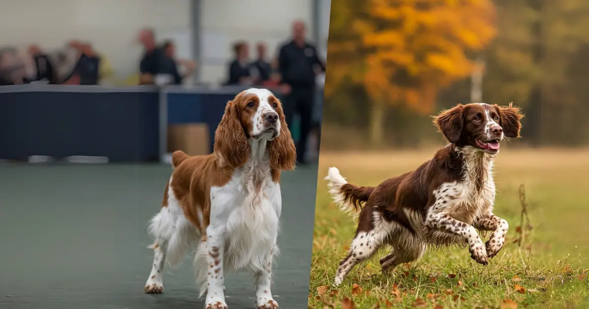 Understanding the Bench-Bred Springer Spaniel: Traits, Differences, and Care Tips 2 A Bench-Bred Springer Spaniel in the show ring on the left, and a Field-Bred Springer Spaniel running freely in the outdoors on the right, showcasing their contrasting traits.