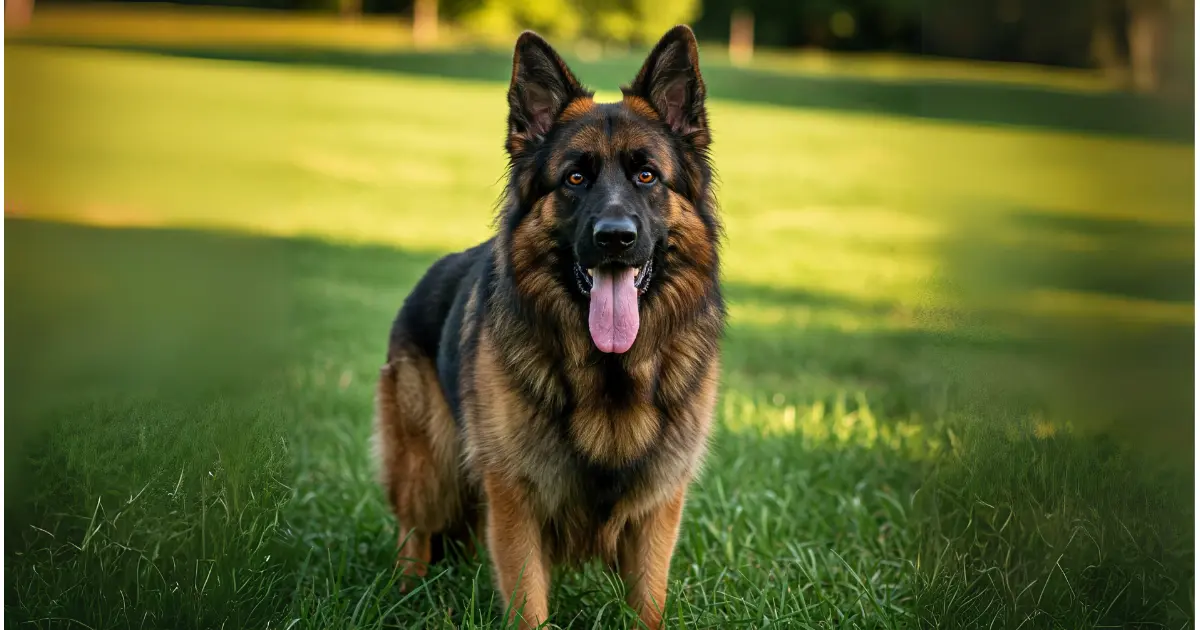 What Are the Whiniest Dog Breeds? 8 A German Shepherd standing on green grass, tongue out, with a bright and natural outdoor background.
