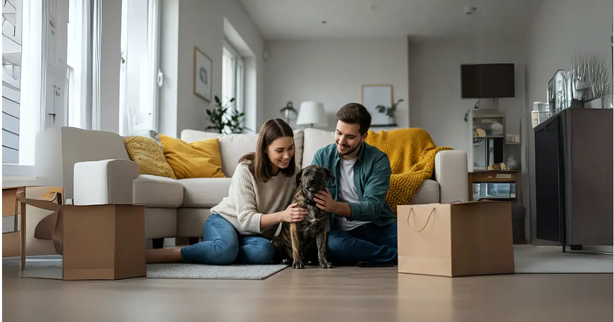 What Are the Best Tips for Rehoming an Adult Dog? 1 A couple gently interacting with their dog while unpacking boxes in their new home.