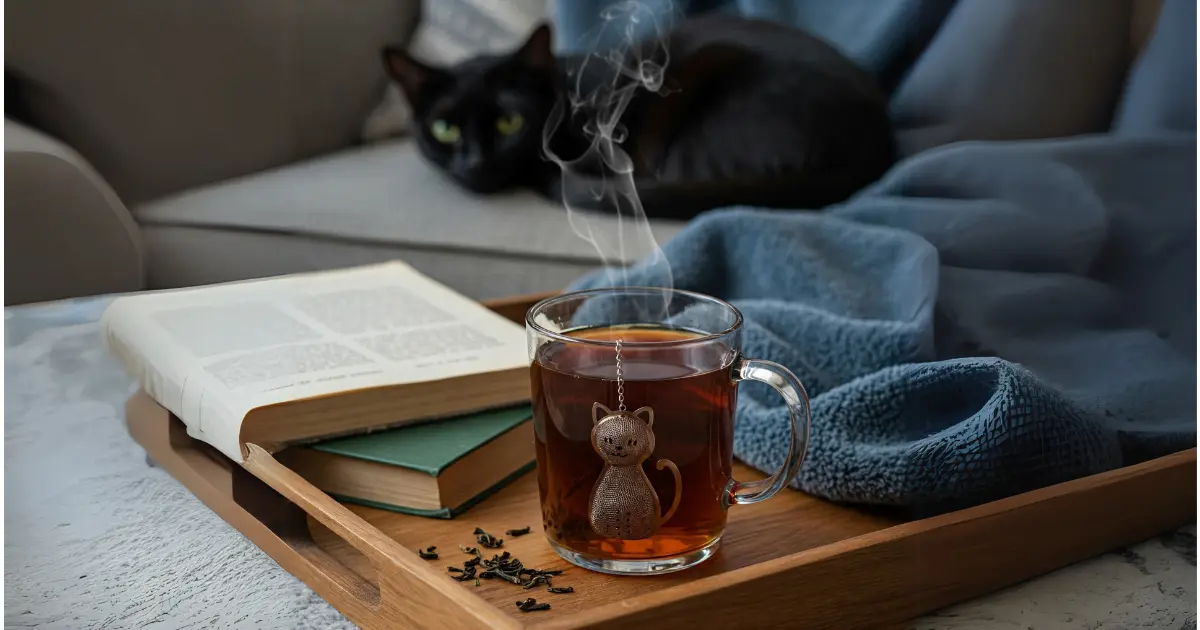 Fun and Creative Cat-Themed Drinks for Cat Lovers 4 A steaming cup of tea with a cat-shaped infuser on a wooden tray beside an open book and blanket, with a black cat lounging in the background.