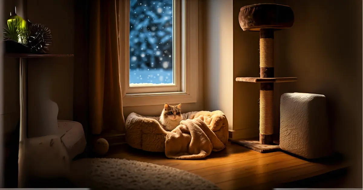 Why Is My Cat Meowing More Than Usual? Understanding Feline Vocalizations 2 A cat lounging in a soft bed with a blanket near a scratching post, framed by a snowy winter night through the window.
