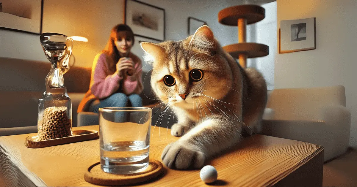 Why Do Cats Knead and Other Quirky Behaviors 2 A playful cat reaching to knock over a glass on a table, with a woman watching amusedly in a cozy living room.