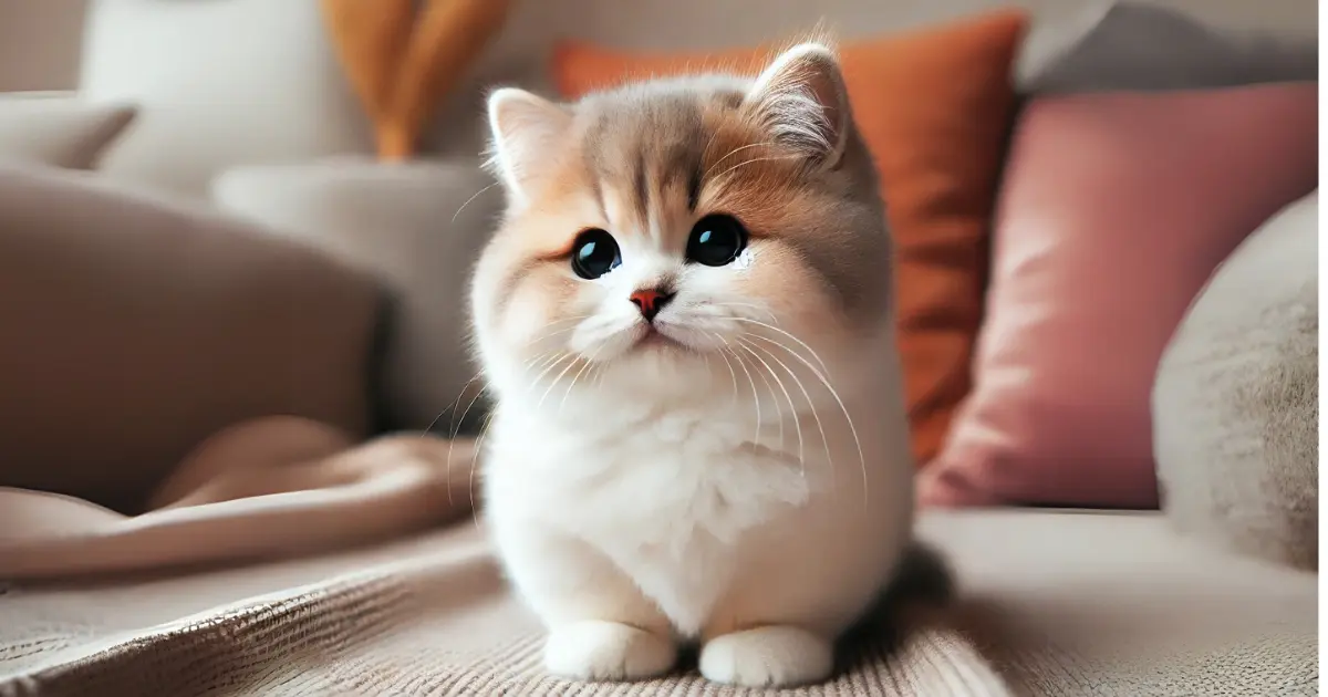 Munchkin Cat x Ragdoll: A Perfect Blend of Personality and Playfulness 2 A cute Munchkin cat with short legs and fluffy fur, sitting comfortably on a soft surface, with large expressive eyes.