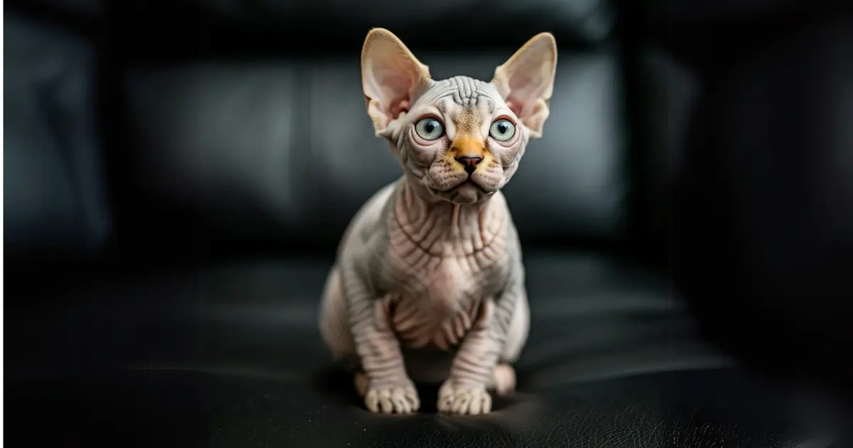 Most Affectionate Cats: Meet Your Cuddle-Ready Companions 5 A hairless Sphynx kitten with wrinkled skin, large ears, and striking blue eyes, sitting on a black leather surface in a sleek, modern setting.