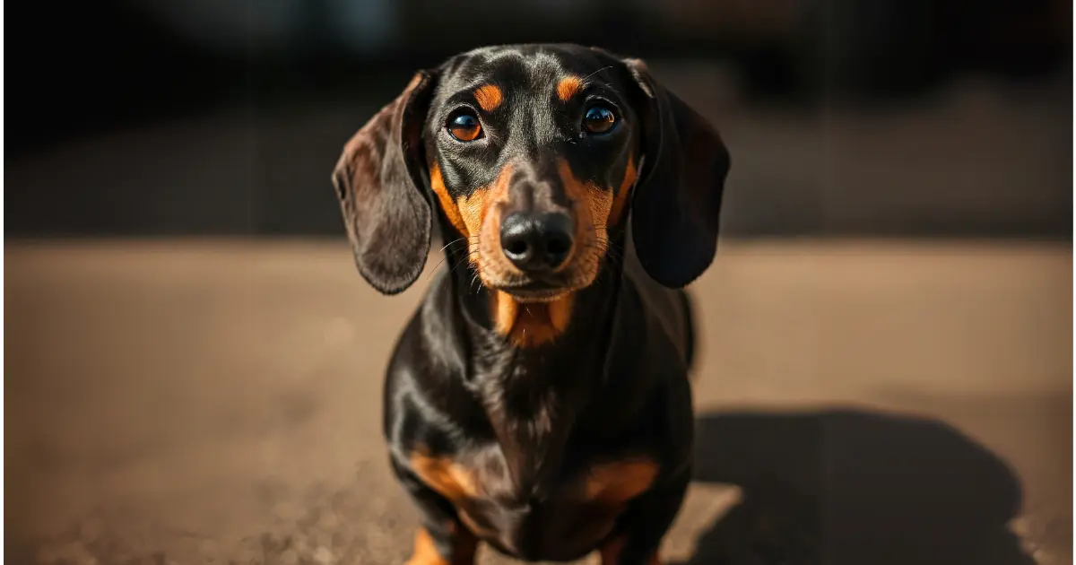 What Are the Whiniest Dog Breeds? 3 A close-up of a dachshund with shiny black and tan fur, looking directly at the camera.