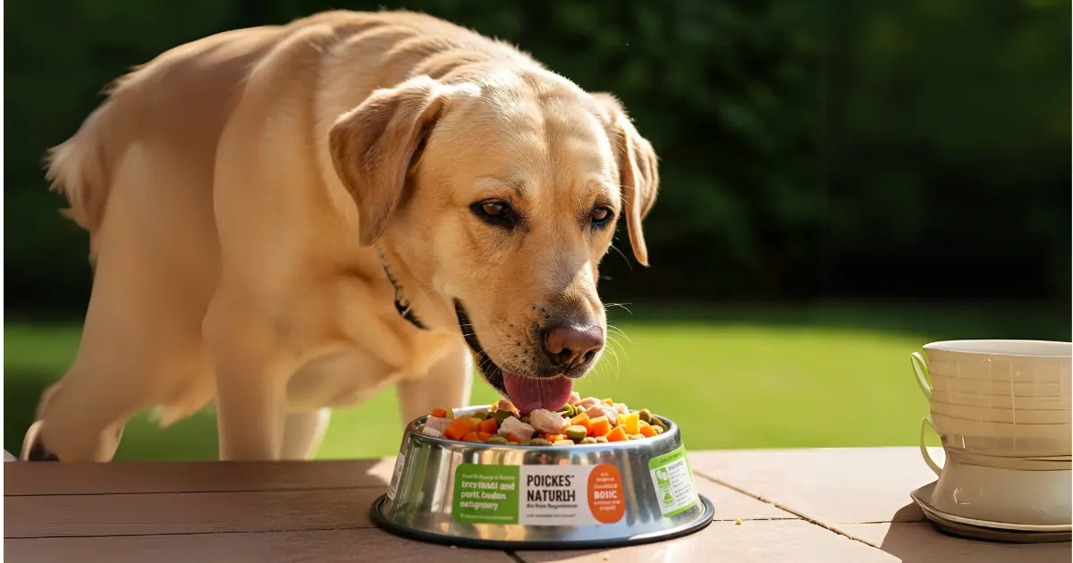 The Benefits of Natural Dog Food: A Healthier Option for Your Pup 2 A Labrador dog enjoying a bowl of homemade dog food outdoors.