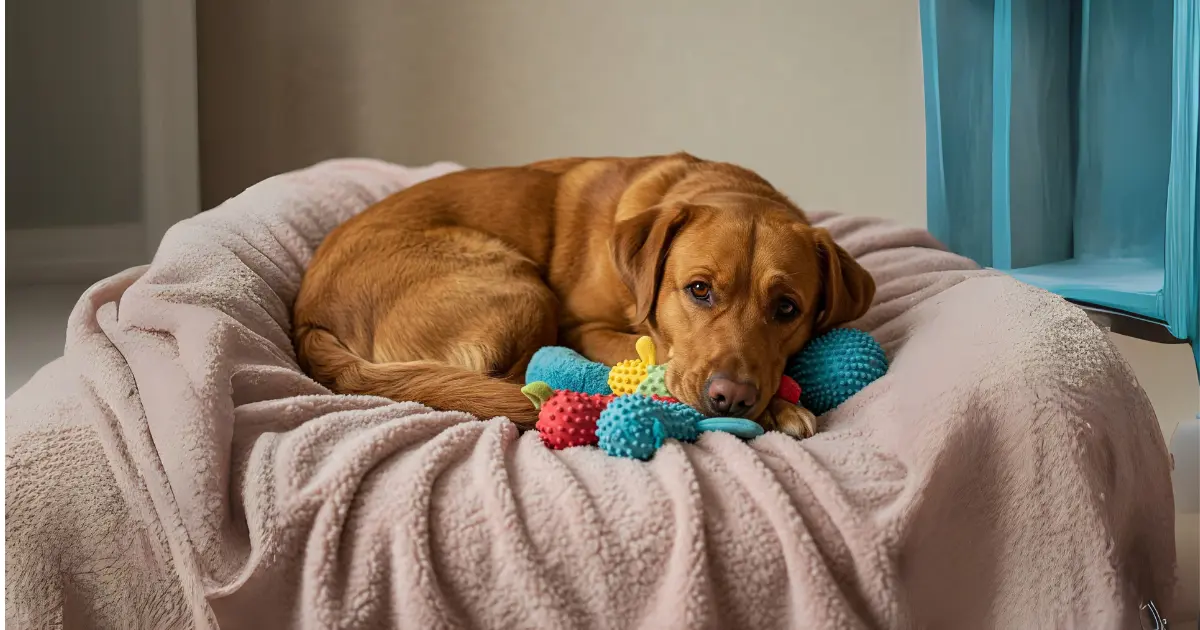 What Are the Best Tips for Rehoming an Adult Dog? 4 A dog resting on a bed surrounded by toys, showing a calm, sad demeanor before rehoming.