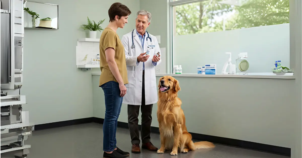 How to Get Over-the-Counter Heartworm Medicine for Dogs 2 A dog owner and veterinarian talk about heartworm prevention for a golden retriever sitting calmly. The vet is holding the medication while the owner listens.