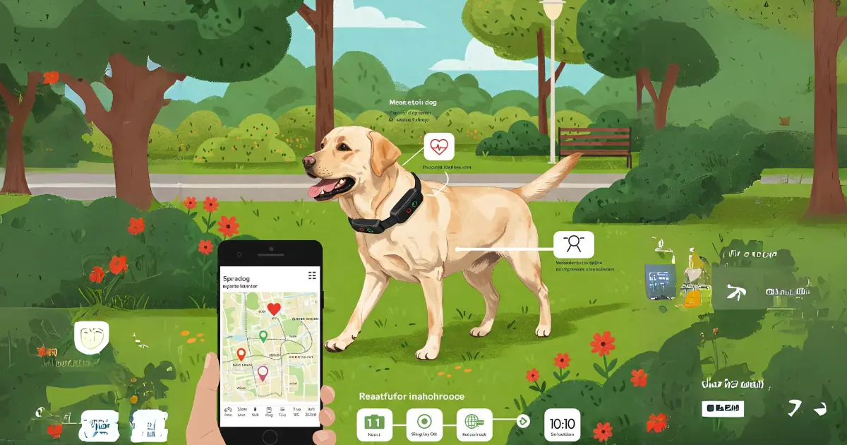 pet self automatic food dispenser and self-cleaning litter box Illustration of a dog walking in a park with a mobile app interface showing location and features.