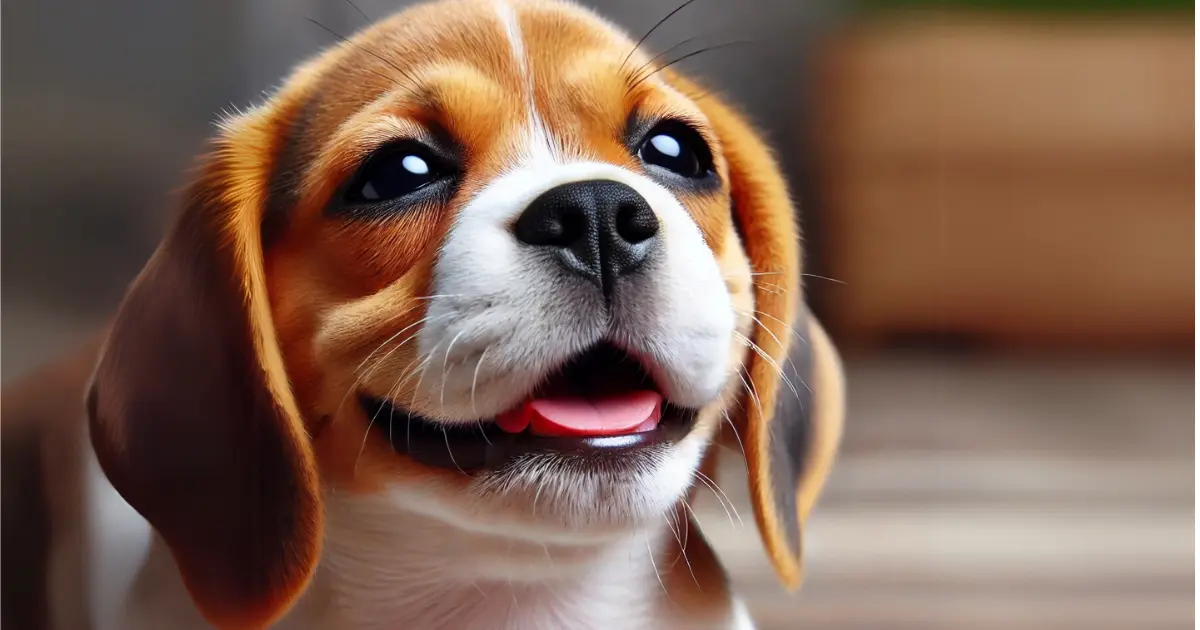  A close-up of a small dog, such as a Beagle or French Bulldog, wheezing with mild discomfort, mouth slightly open, and visible breathing difficulty.