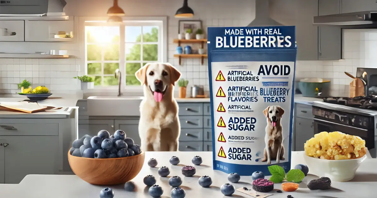 Why Are Blueberry Treats Trending for Dogs? Experts Vet Insights 3 A Labrador in a modern kitchen standing behind a table with a bowl of blueberries, scattered berries, and a bag of blueberry dog treats labeled "Made with Real Blueberries." Warning labels highlight "Avoid artificial flavors and added sugar."