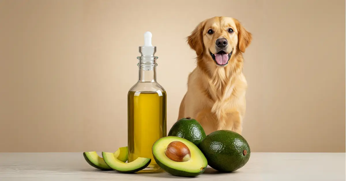 Is Avocado Oil Good for Your Dog? Discover the Benefits 3 Golden Retriever sitting next to a bottle of avocado oil and fresh avocados, showcasing the health benefits for dogs.