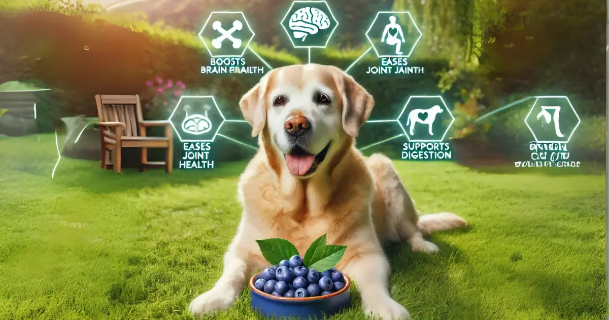 Why Are Blueberry Treats Trending for Dogs? Experts Vet Insights 2 A smiling dog lying on grass with a bowl of blueberries in front, surrounded by icons highlighting benefits such as improved brain health, joint health, digestion, and muscle recovery.
