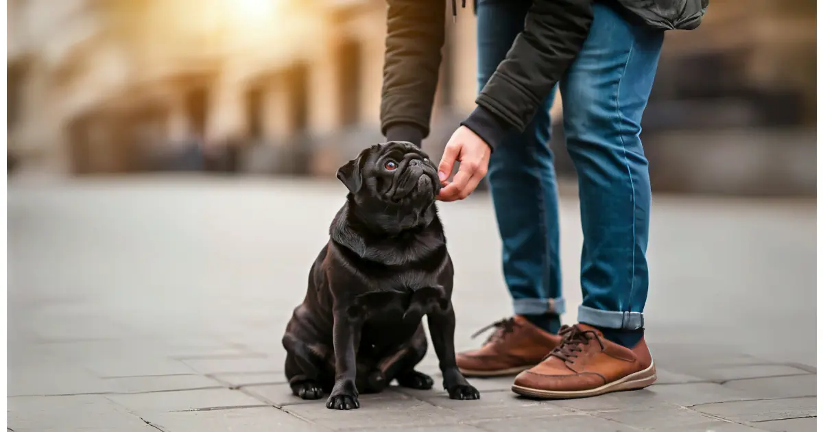 Fascinating Dog Facts for Kids, Breeds, Behavior, and Beyond 10 "Person petting a black pug sitting on a sidewalk."