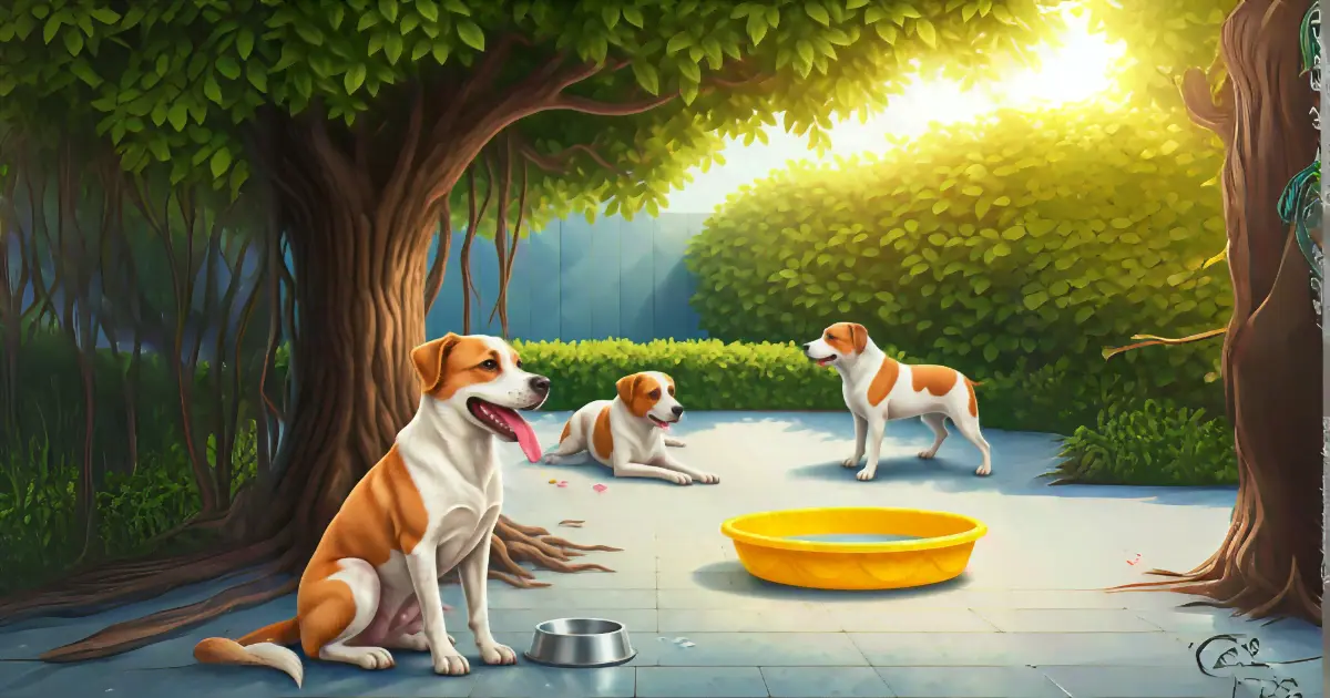 Fascinating Dog Facts for Kids, Breeds, Behavior, and Beyond 8 Three brown-and-white dogs relax outdoors near a tree, a metal bowl, and a yellow tub, with bushes and a fence in the background.