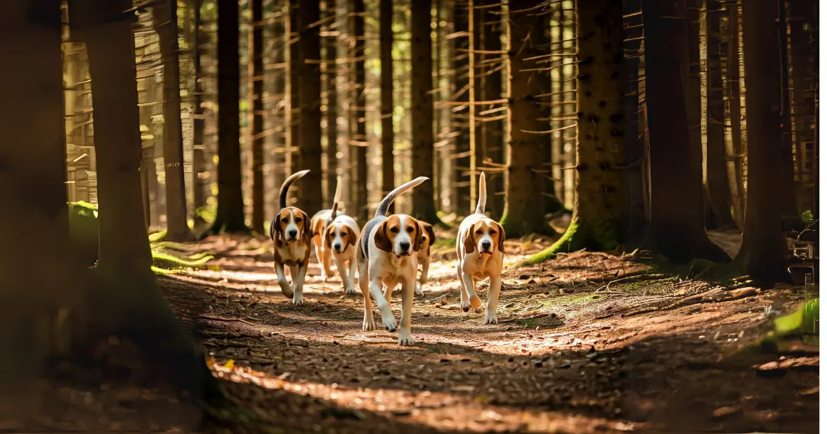 Dog Breeds Overview: Find Your Perfect Match 6 A group of dogs energetically running along a forest trail, surrounded by trees with sunlight filtering through.