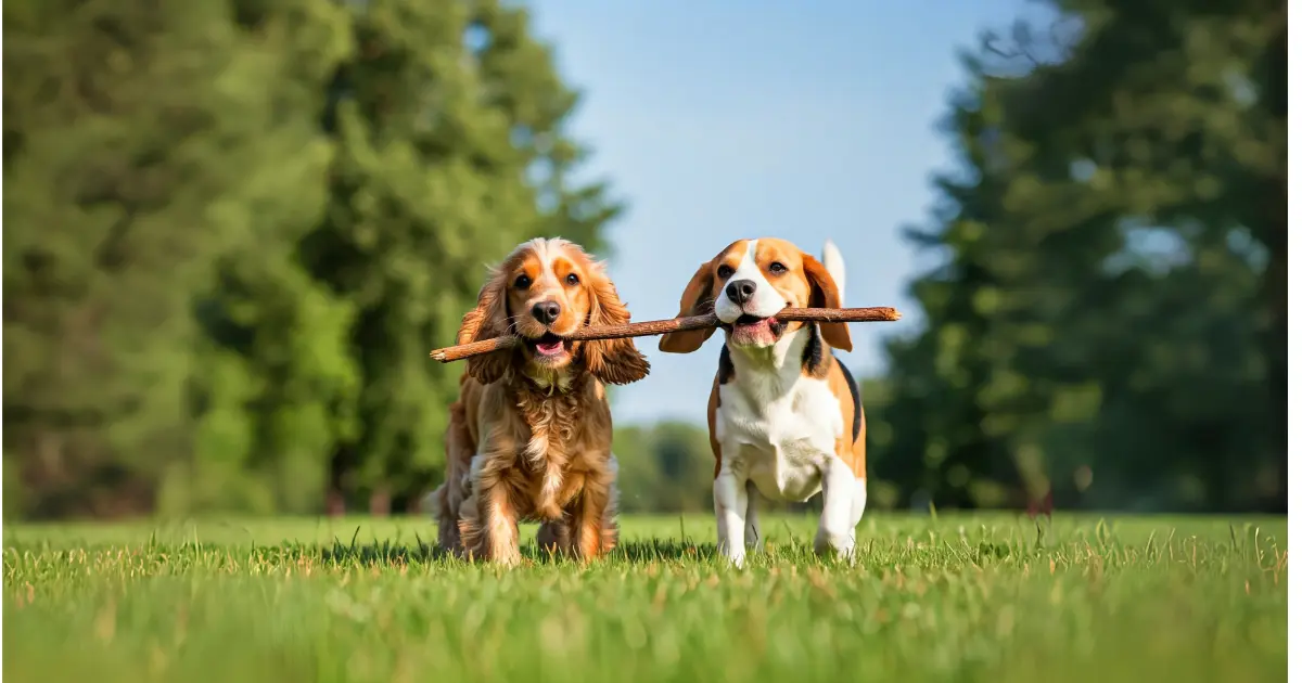 Dog Breeds Overview: Find Your Perfect Match 4 Two dogs, a Cavalier King Charles Spaniel and a Beagle, happily walking side by side while sharing a stick in the grassy field.