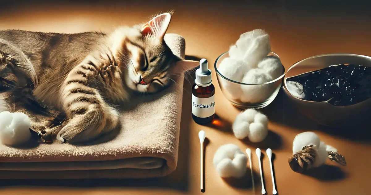 Cat Ear Cleaning: A Simple Guide to Safely Clean Your Cat’s Ears 3 A flat lay of ear cleaning supplies (bottle of ear cleaner, cotton balls, and swabs) next to a relaxed cat resting on a soft towel after an ear cleaning session.