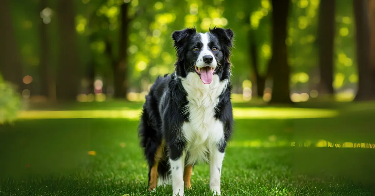 What Are the Whiniest Dog Breeds? 10 A happy Border Collie standing on green grass in a park, surrounded by tall trees and sunlight filtering through the leaves.