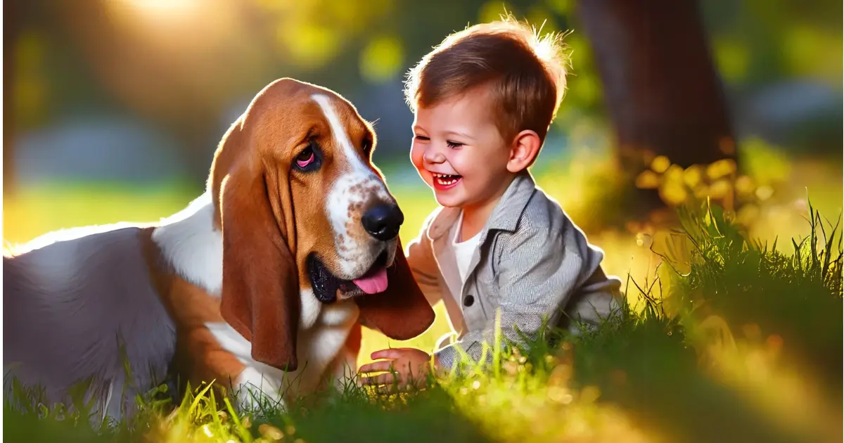 Everything You Need to Know About the European Basset Hound 4 European Basset Hound happily playing with a young child in the sunlit grass, showcasing their affectionate nature.