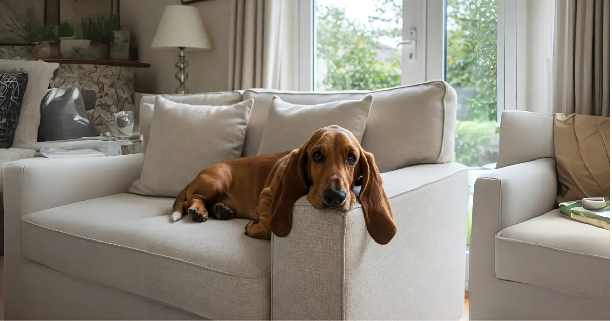 Everything You Need to Know About the European Basset Hound 3 European Basset Hound lounging on the couch, resting with its long ears drooping.