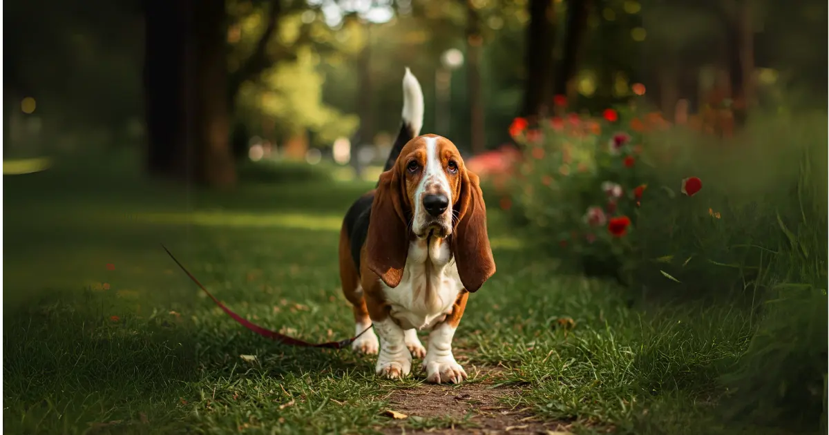 Everything You Need to Know About the European Basset Hound 2 European Basset Hound walking on leash in a park, with its long ears and playful demeanor.