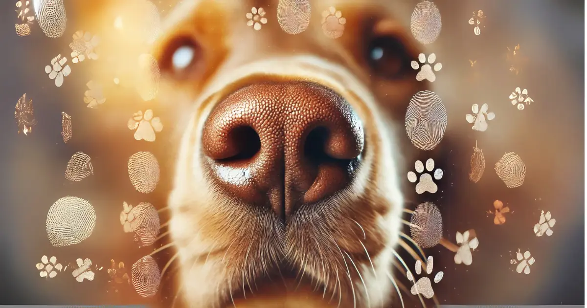 Fascinating Dog Facts for Kids, Breeds, Behavior, and Beyond 12 "Close-up of a dog's nose with paw prints and fingerprint patterns, symbolizing its unique nose print."