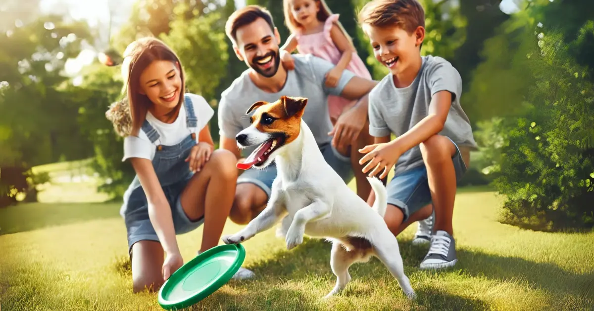 A joyful family playing with their Jack Russell Shortie in the park, with the dog catching a frisbee and interacting with the kids.