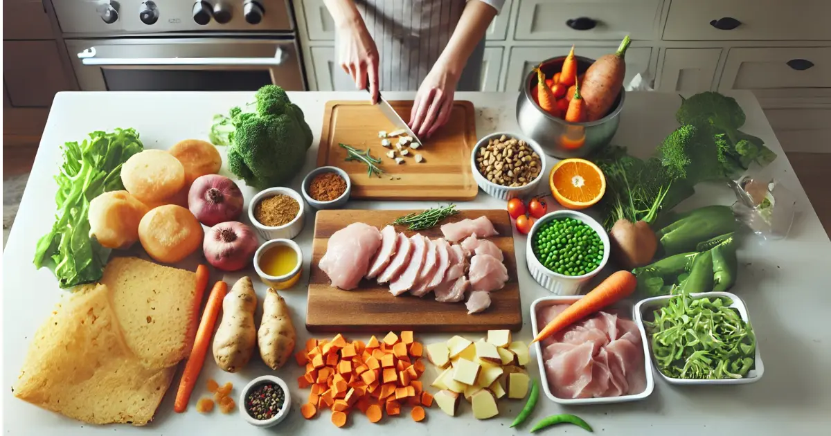 The Benefits of Natural Dog Food: A Healthier Option for Your Pup 3 Fresh chicken, sweet potatoes, carrots, and peas on a kitchen counter for homemade dog food.