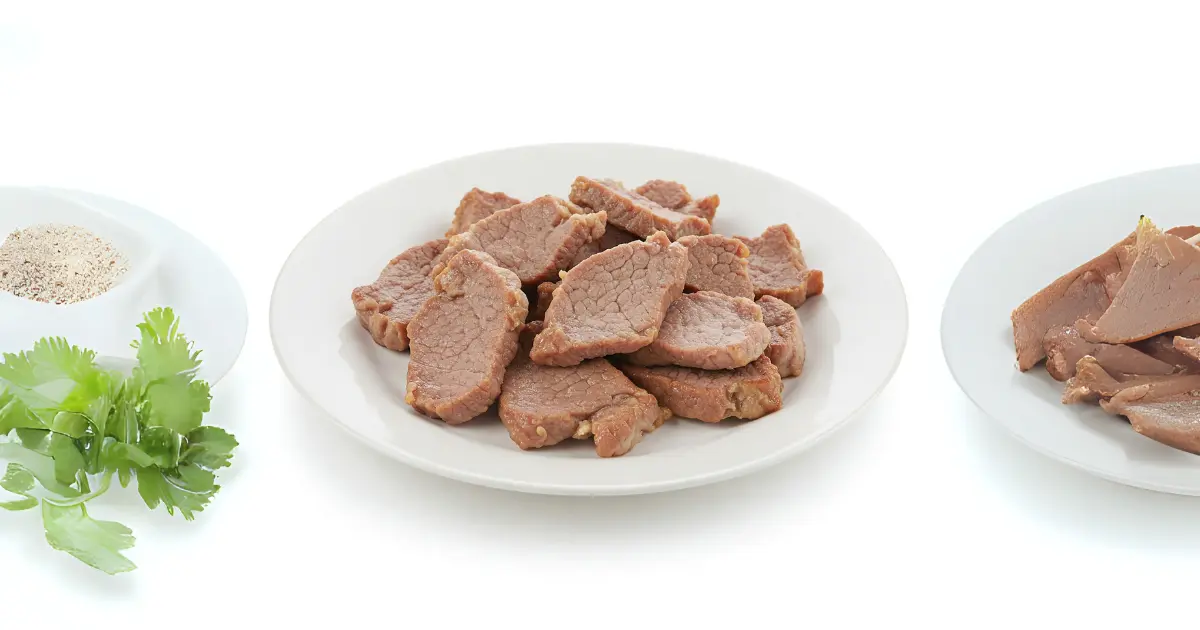 A plate of freshly sliced meat for cats, with herbs and seasonings placed beside it, emphasizing a nutritious meal option for pets.