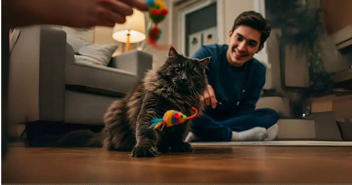 German Longhair Cat – Everything You Need to Know 3 A German Longhair cat playing with a colorful toy while a person enjoys the interaction. The cat is focused and engaged in the playful moment.