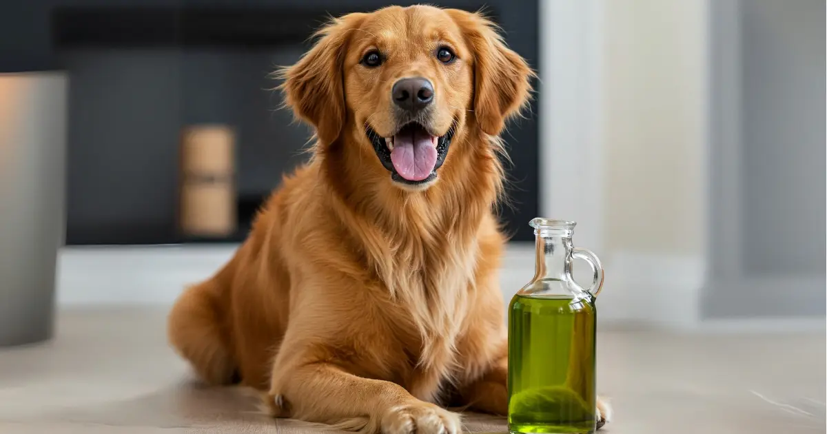 Is Avocado Oil Good for Your Dog? Discover the Benefits 4 Golden Retriever lying next to a bottle of avocado oil, highlighting the benefits for dogs' health and coat.