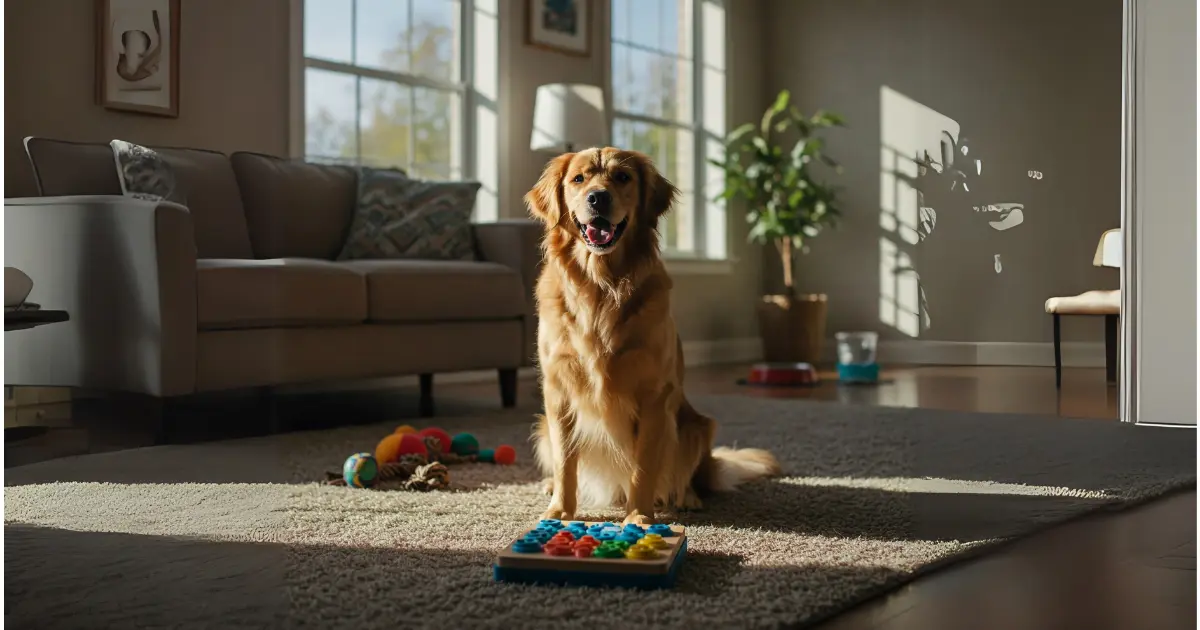 Mental Stimulation for Dogs: Best Mind Games and Puzzle Toys 3 Dog sitting with a colorful puzzle toy on a rug.