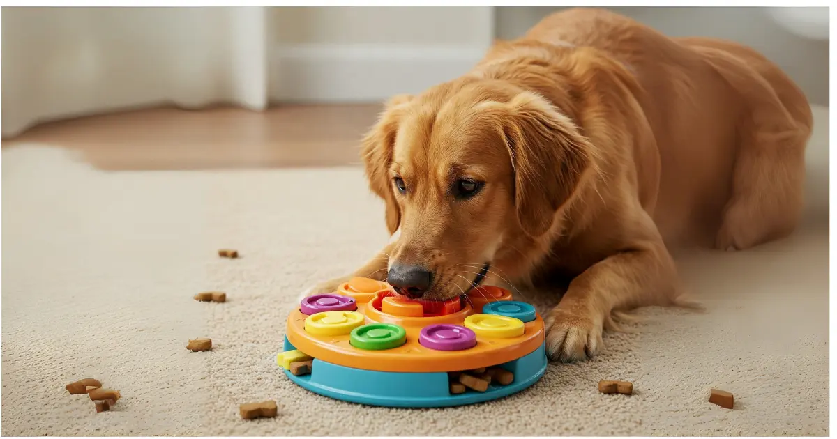 Mental Stimulation for Dogs: Best Mind Games and Puzzle Toys 4 Dog playing with a treat dispensing puzzle toy.