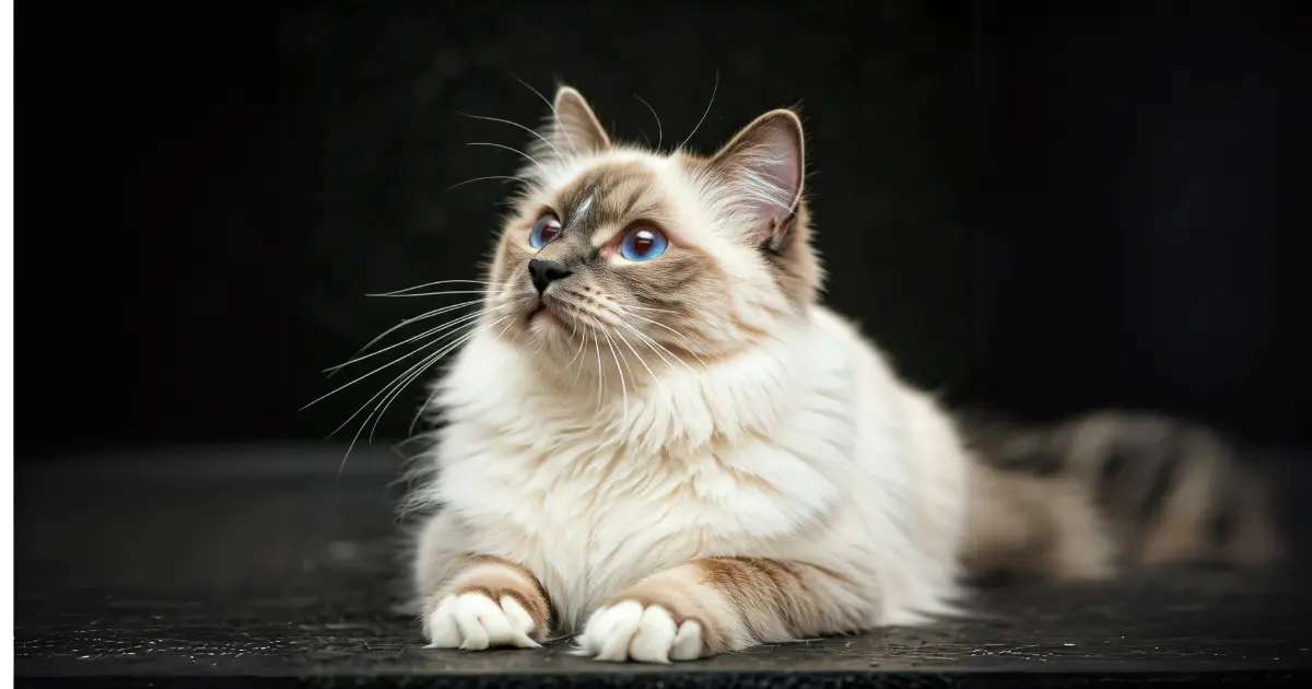 Most Affectionate Cats: Meet Your Cuddle-Ready Companions 8 A beautiful Birman cat with silky fur and captivating blue eyes, lying elegantly on a dark surface, looking upward in a calm and serene pose.