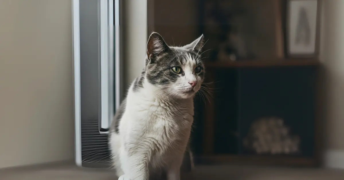 Understanding Your Cat’s Fur Color Changes 3 A gray and white cat standing near a window with a calm expression.