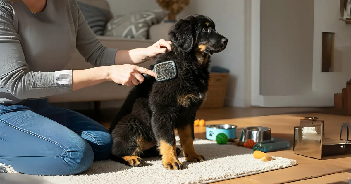 Hovawart Puppies: Traits, Care, and Everything You Need to Know 3 A person brushing a Hovawart puppy's thick coat, with grooming tools and dog accessories scattered on the floor in a cozy indoor setting.