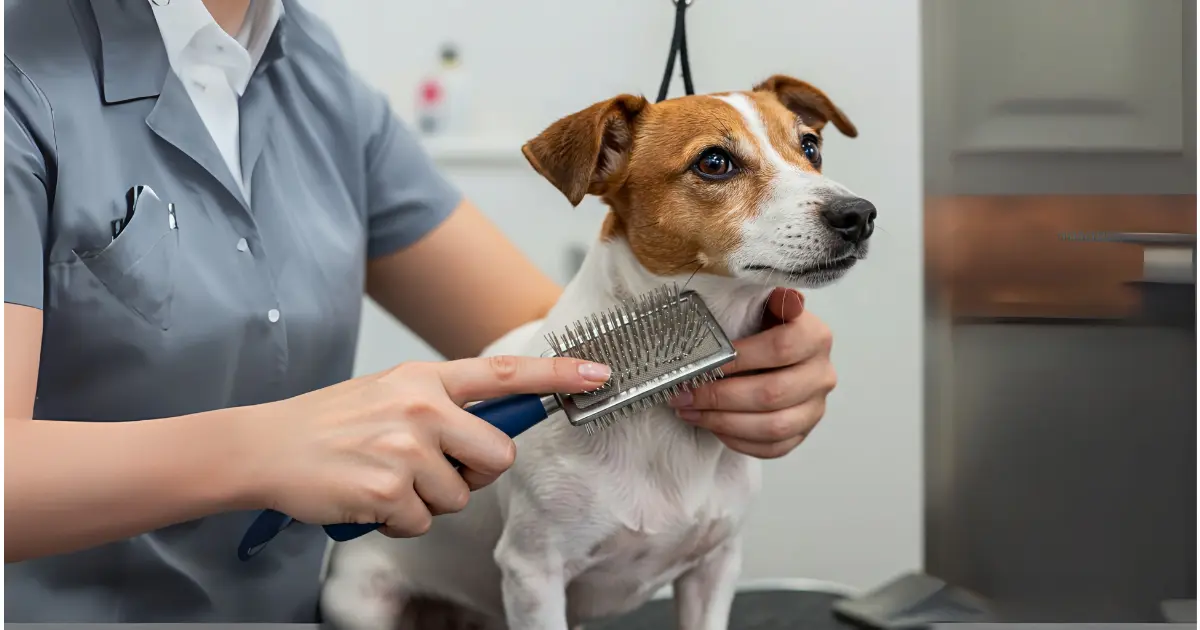 A person grooming a Jack Russell Shortie, brushing its coat gently at a pet grooming salon.