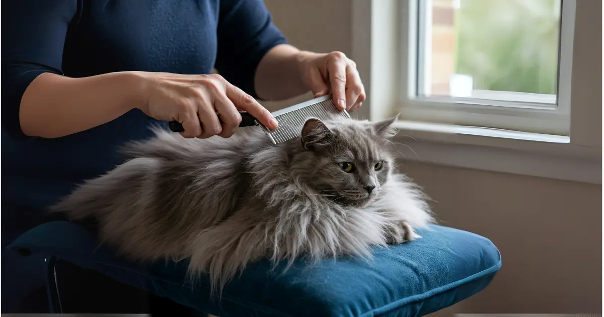 Grey Manx Cat Overview: History, Traits & Care 2 A person grooming a long-haired Grey Manx cat with a comb, sitting on a cushion near a window. The cat looks relaxed with its fluffy grey coat.