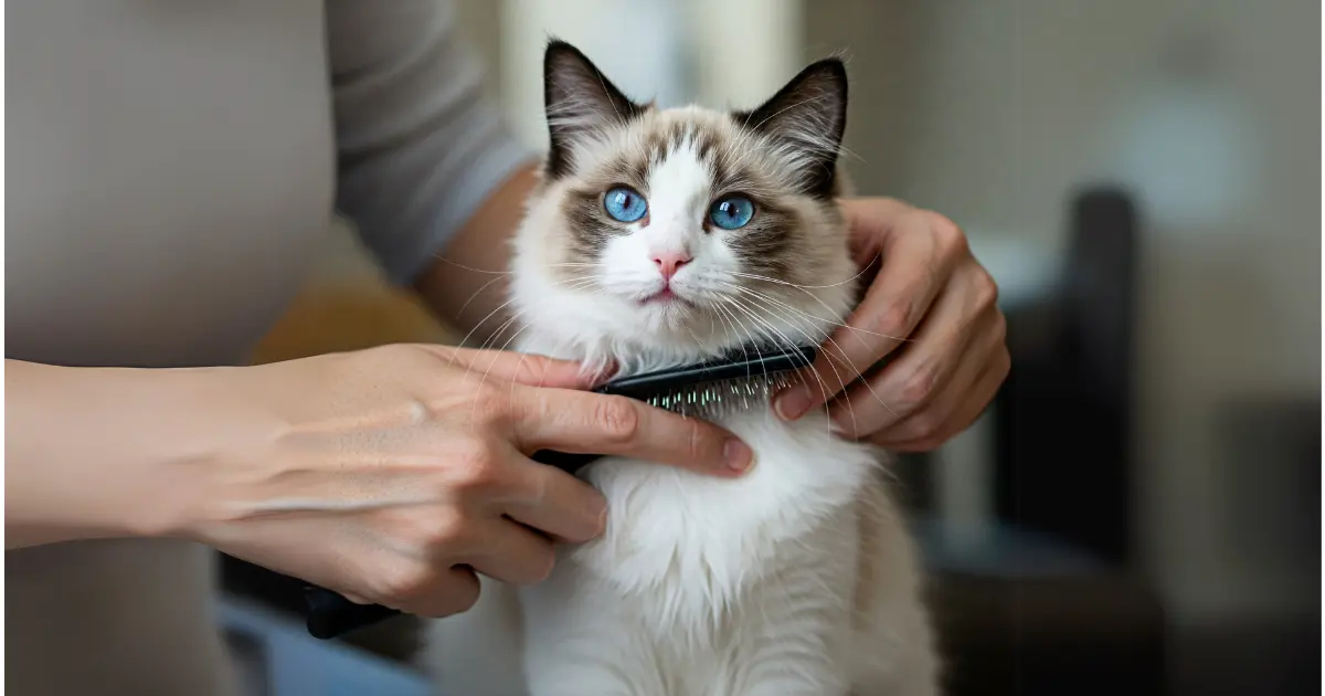 Say Hello to the Tuxedo Ragdoll: The Cat Who'll Steal Your Heart 3 A tuxedo Ragdoll cat being gently brushed by its owner, showcasing its soft, semi-long fur and beautiful blue eyes.