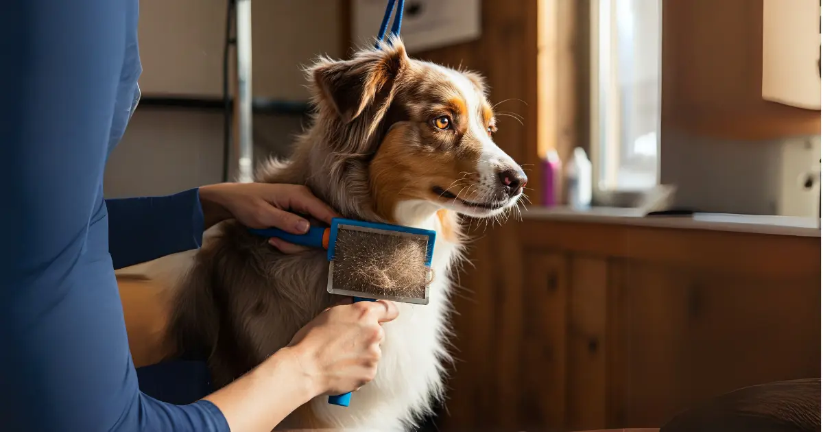 Australian Shepherd Fur – Pro Tips for a Healthy Coat 2 Brushing an Australian Shepherd’s fur with a slicker brush for coat care.
