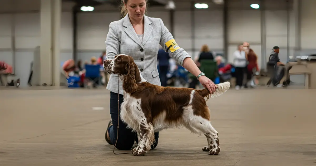 Understanding the Bench-Bred Springer Spaniel: Traits, Differences, and Care Tips 5 A handler showcases a Bench-Bred Springer Spaniel in the show ring, demonstrating the dog’s proper stance and conformation.