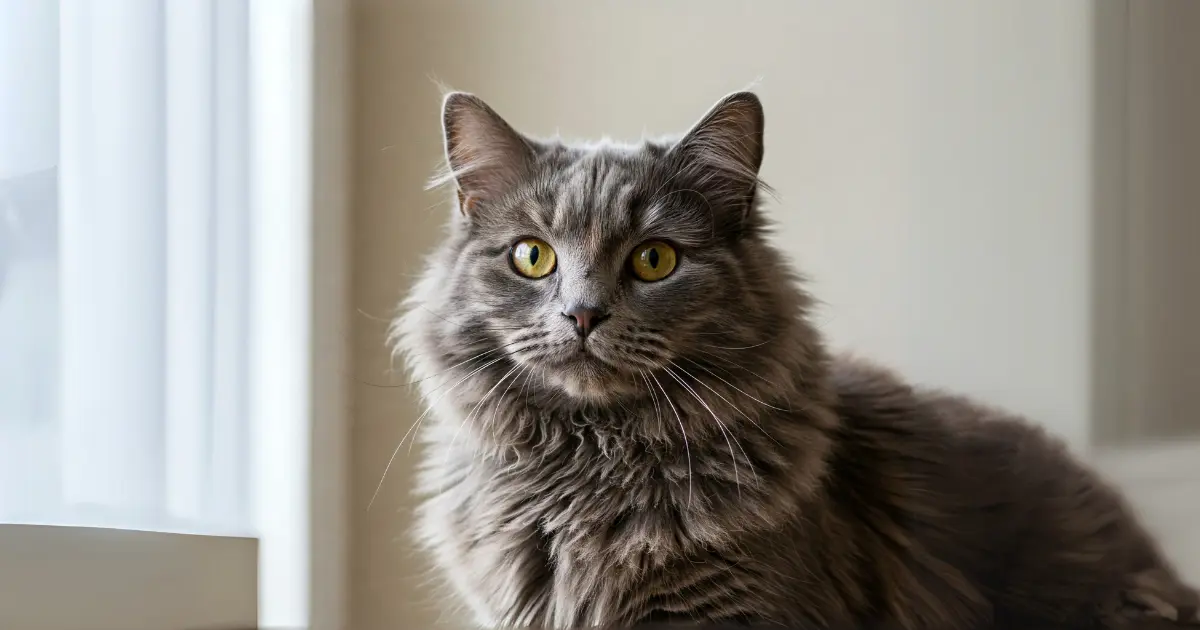 13 Cat Breeds with Ear Tufts (With Info & Pictures) 4 A Highlander Cat with a thick grey coat and bright yellow eyes, posing near a window with soft natural light.