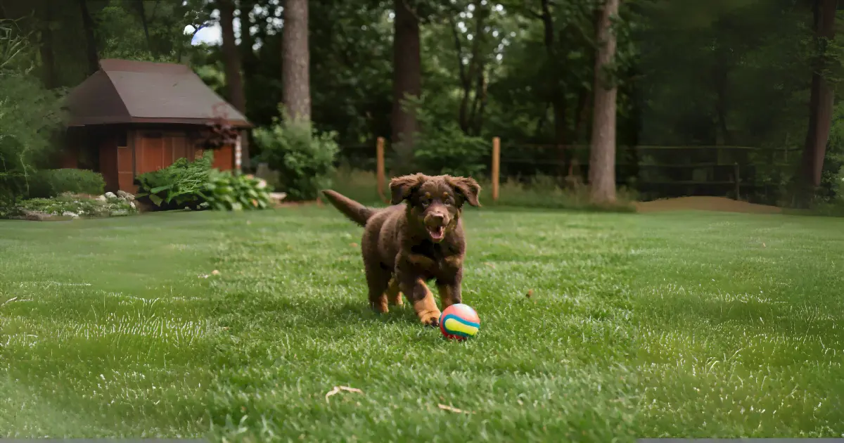 Hovawart Puppies: Traits, Care, and Everything You Need to Know 2 A Hovawart puppy running across a lush green backyard, chasing a colorful ball.