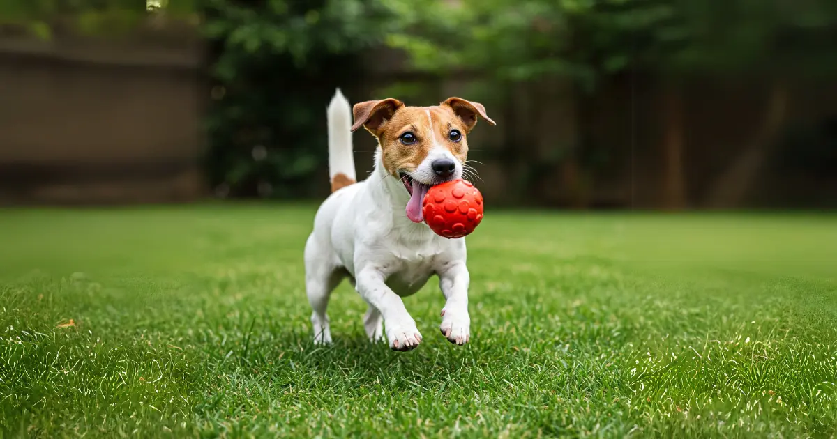 A Jack Russell Shortie running on grass with a red ball in its mouth, showing its playful and energetic nature.