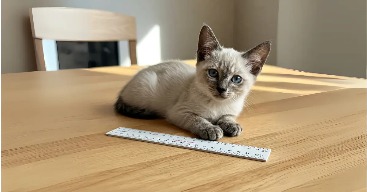 Average Cat Length from Nose to Tail: Complete Guide 3 Siamese kitten resting next to a ruler, showing its small size.