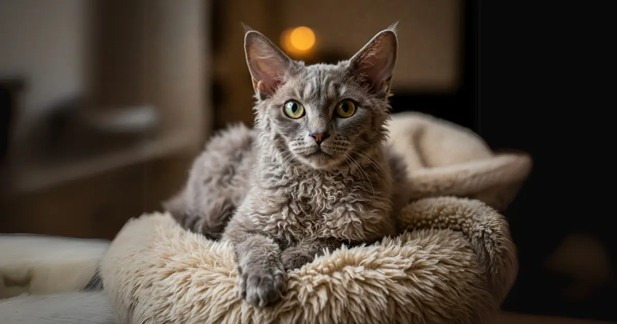 13 Cat Breeds with Ear Tufts (With Info & Pictures) 9 A LaPerm Cat with curly fur and large ears, resting comfortably on a soft bed with a calm expression.